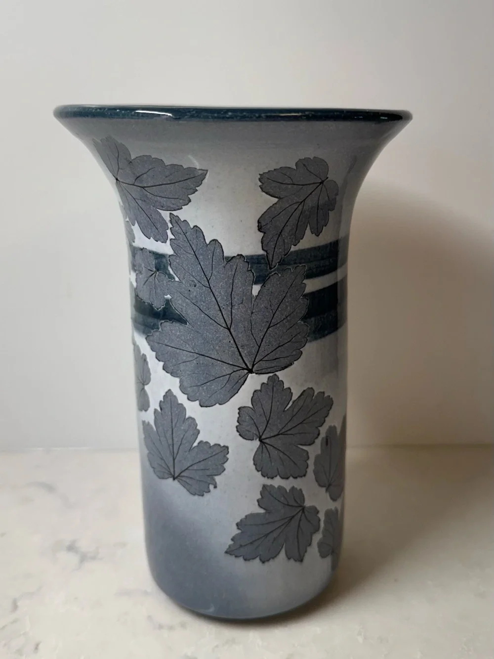 Blue Ceramic Vase with Leaf Motif by Wizard of Clay